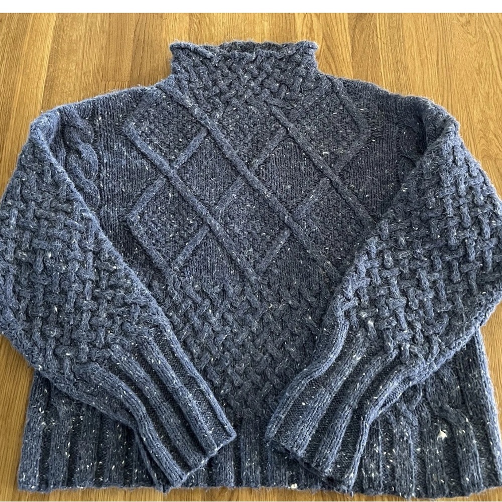 VTG Express Tricot Hand Knitted Blue Cable  Sweater Size M Wool Angora Blend